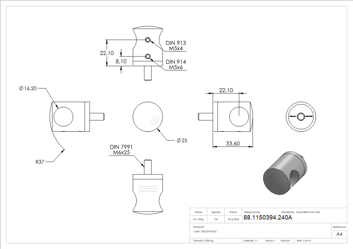Querstabhalter V2A Edelstahl Ø 25 mm– Anschluss FLACH für Rundstäbe 16 mm inkl. Schrauben