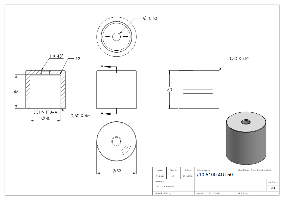 Glaspunkthalter-Unterteil Ø 52 mm- V2A- Hoehe- 50 mm-10-5100.4UT50