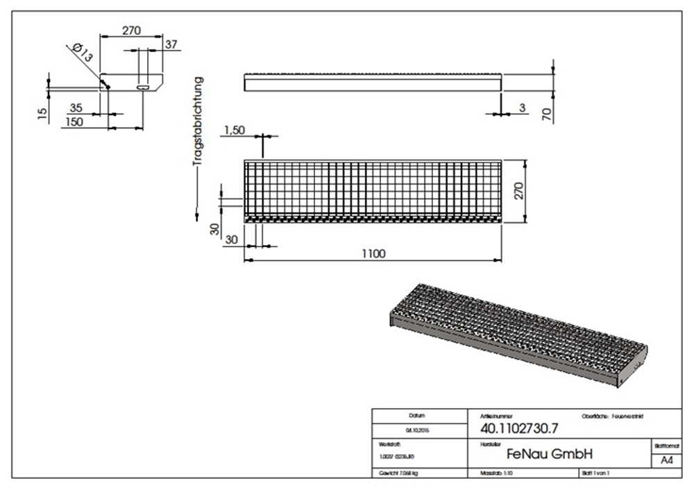 Gitterroststufe Treppenstufe | Maße: 1100x270 mm 30/30 mm | S235JR (St37-2), im Vollbad feuerverzinkt