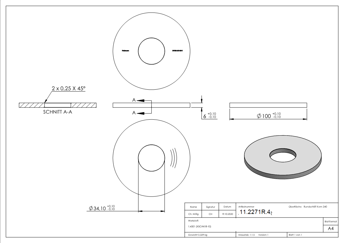 Ankerplatte Masse- Ø 100x6 mm Rundschliff - Mittelbohrung V2A-11-2271R.4