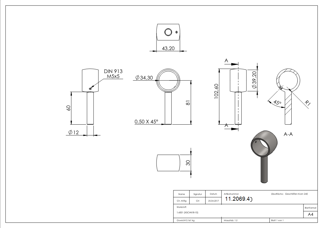 Handlaufhalterring für Rundrohr Ø 33,7 mm V2A