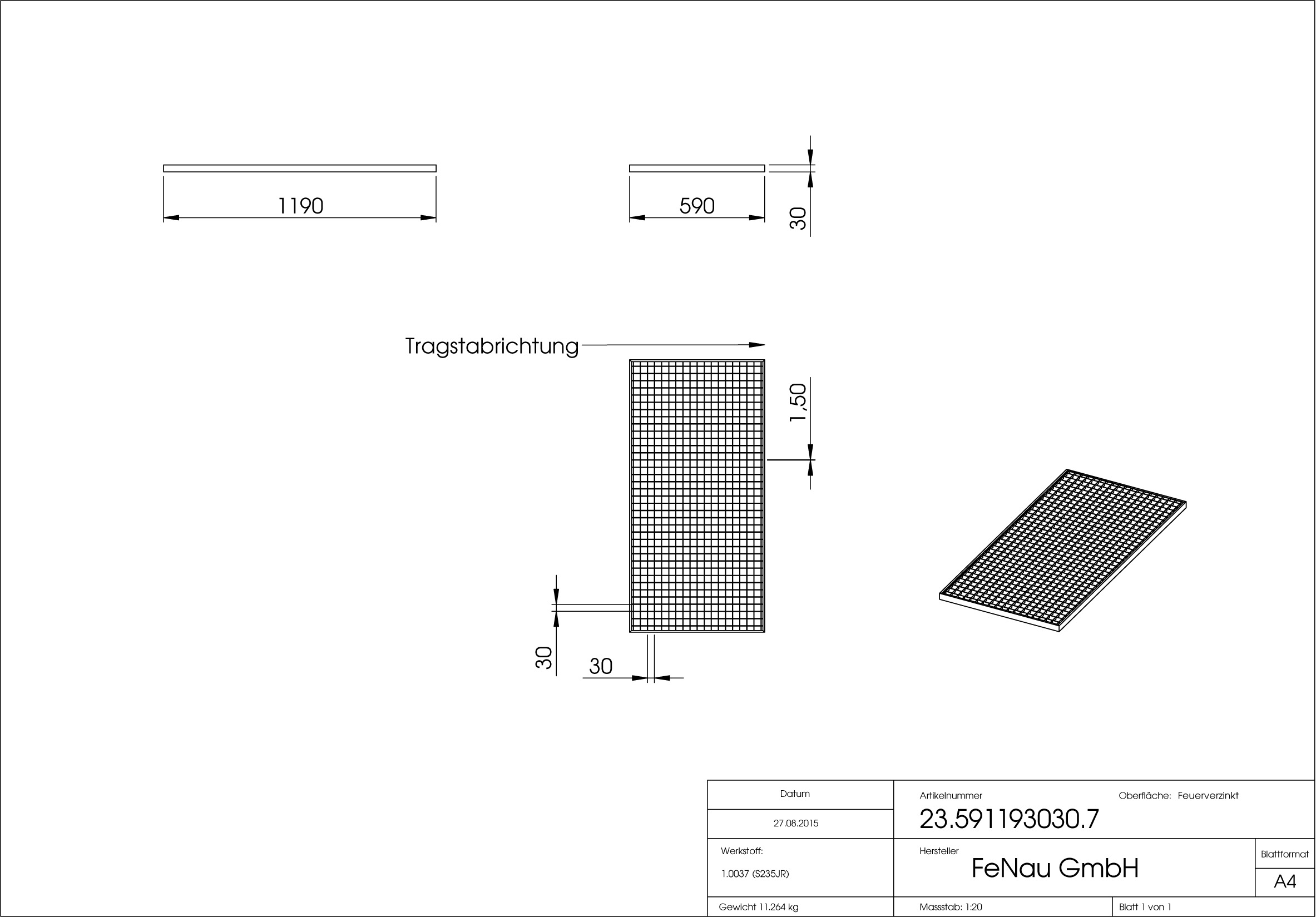 Lichtschachtrost Baunormrost | Maße:  590x1190x30 mm 30/30 mm | aus S235JR (St37-2), im Vollbad feuerverzinkt