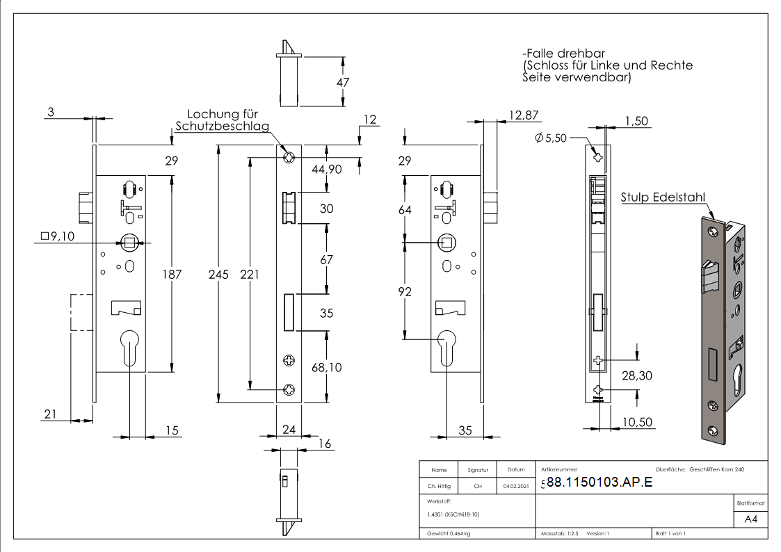 Rohrrahmenschloss verzinkt Edelstahl Dornmass 35 mm Nuss 8 mm Anti-Panikfunktion E-88-1150103-AP.E