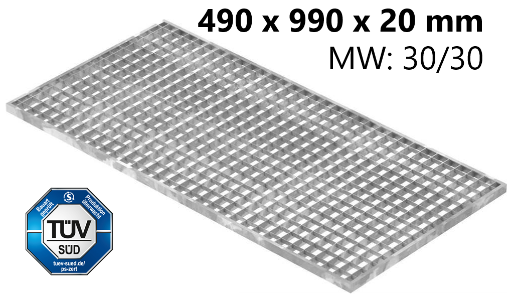 Lichtschachtrost Baunormrost | Maße:  490x990x20 mm 30/30 mm | aus S235JR (St37-2), im Vollbad feuerverzinkt