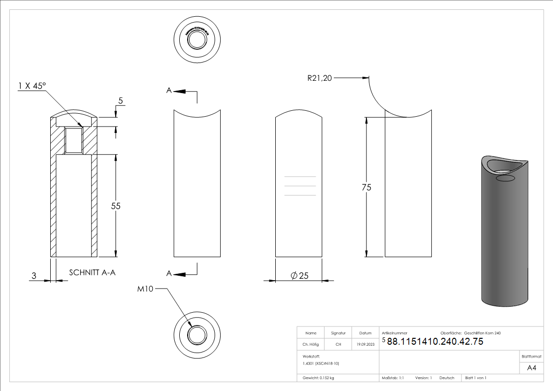 Abstandshalter für Rohr 42,4mm, Länge 75mm, V2A