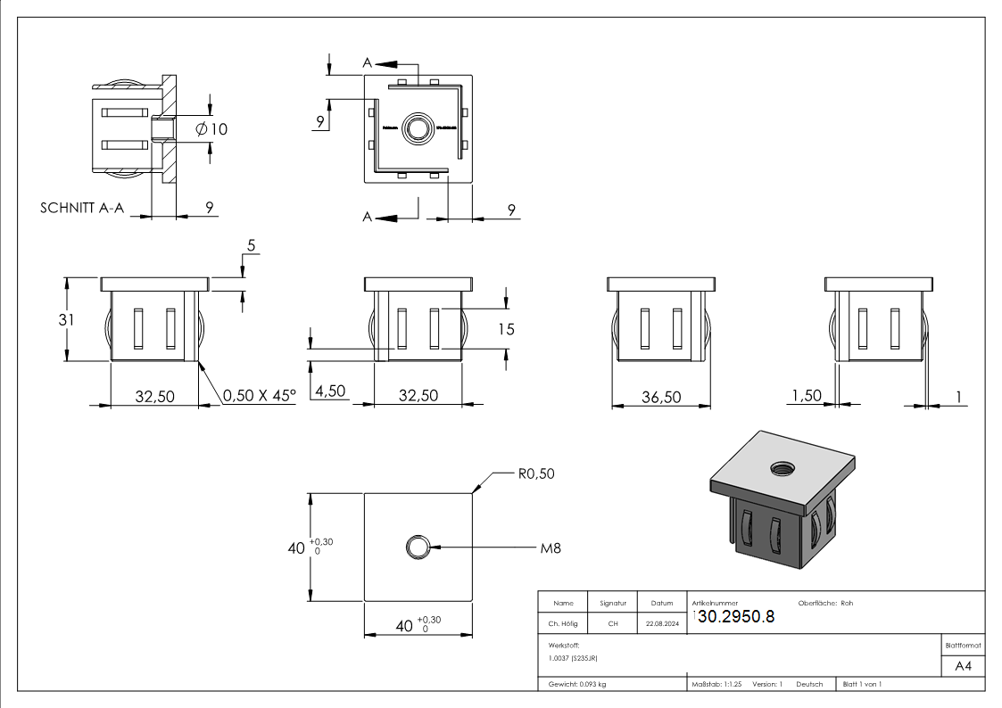 Einschlagkappe Stahl 40x40 mm Wandstaerke 2-3 mm mit Innengewinde M8-30-2950.8