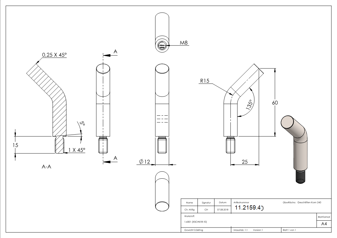Stift 135° gebogen Maße: 60x12 mm Gewinde: M8x15 mm zum Anschweißen V2A