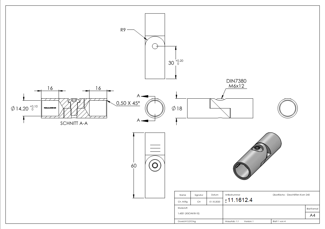 Verbinder | Gelenk zum Kleben mit Bohrung 14,1 mm