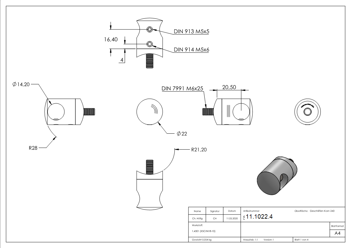 Querstabhalter Ø 22 mm | Anschluss: 42,4 mm | mit Bohrung: 14,2 mm | V2A