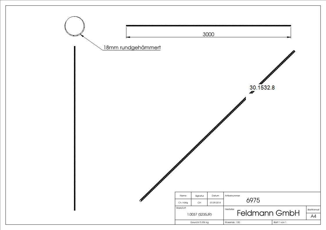 Rundeisen spindelförmig geschmiedet Ø 18 mm Länge: 3000 mm Stahl (Roh) S235JR