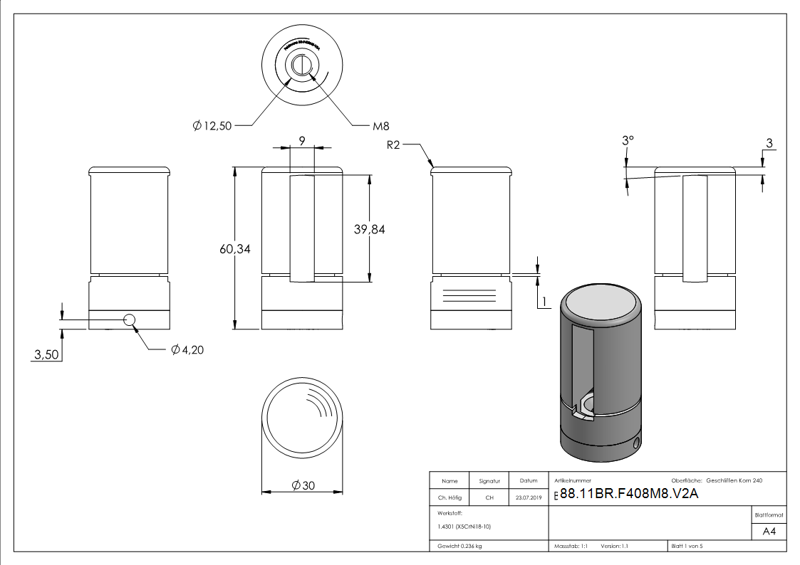 BRENK-fix® Grundhalter für Flachstäbe 40 x 8mm, V2A