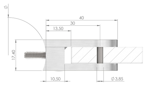 Glasklemme 40x28x17,4 mm Ø 42,4 mm, für 8,00 mm ESG Glas