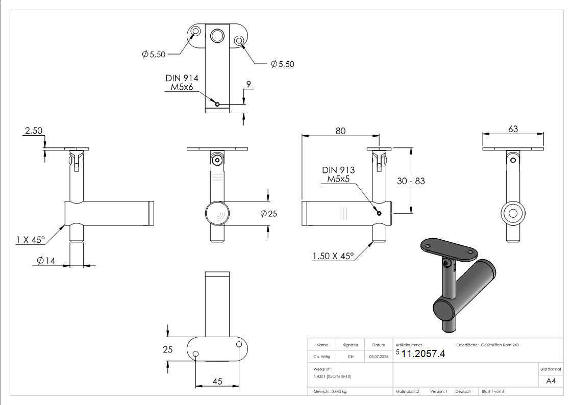 Handlaufhalter V2A Wandabstand 80 mm Gelenk flach fuer Rohr-11-2057.4