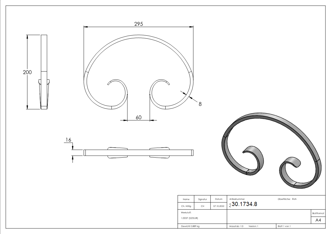 16er Serie - Masse- 295x200 mm - Material- 16x8 mm- glatt - Stahl S235JR- roh-30-1734.8