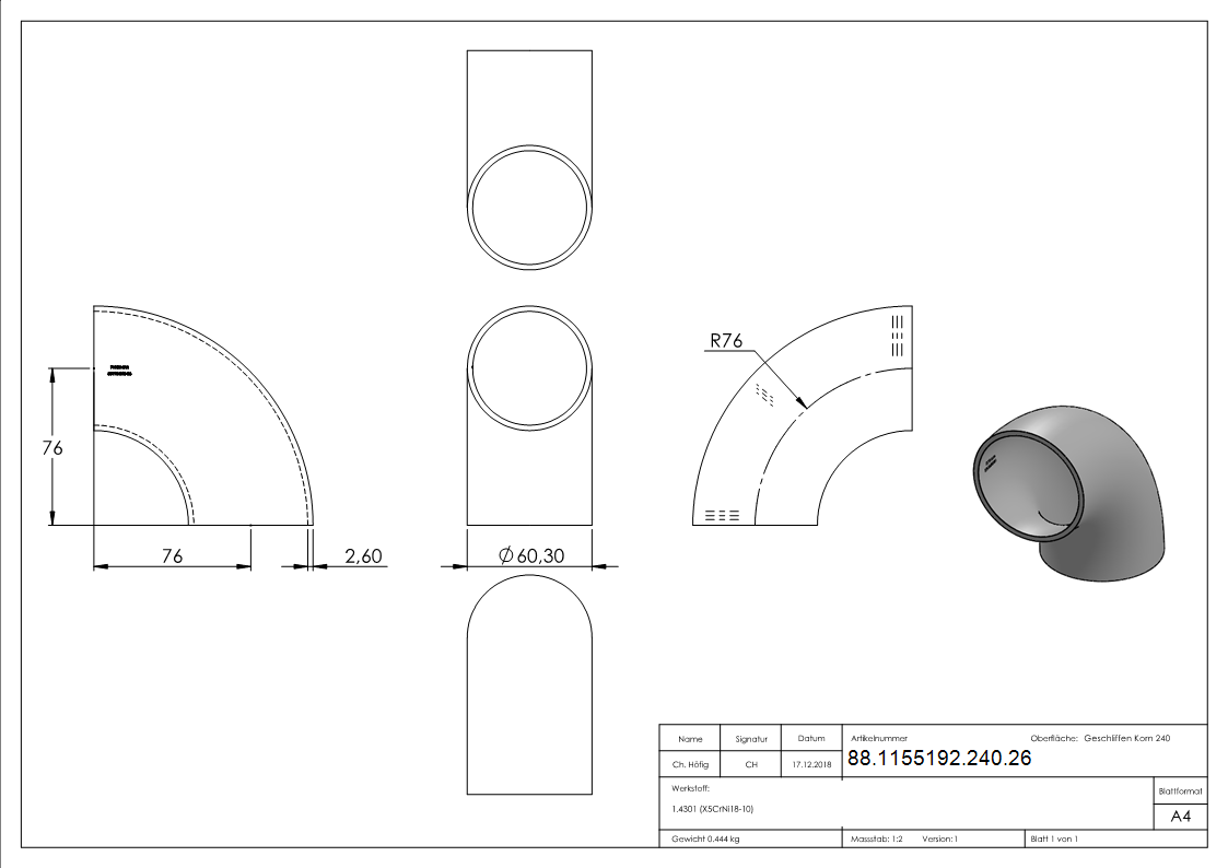 Schweissbogen 90°- 60-3 x 2-6mm- V2A- Bauart 3-88-1155192-240.26