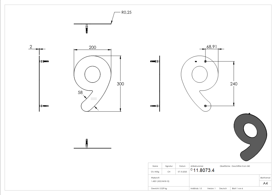 Hausnummer 9 - gross - Masse- 200 mm x 300 mm - V2A-11-8073.4