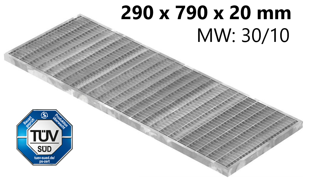 Lichtschachtrost Baunormrost | Maße:  290x790x20 mm 30/10 mm | aus S235JR (St37-2), im Vollbad feuerverzinkt