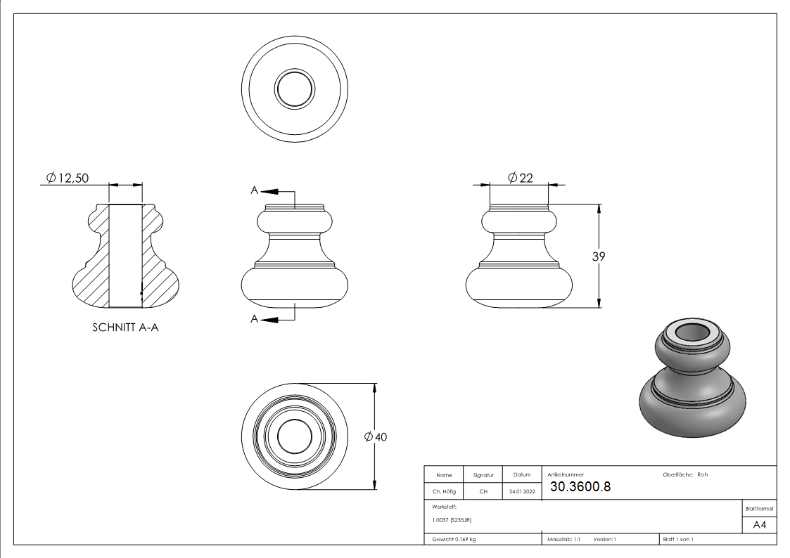 Zierhülse | Maße: 40x39 mm | Lochung: Ø 12,5 mm | Stahl S235JR, roh