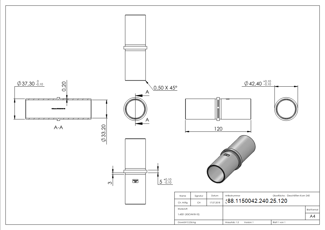 Verbindungsstück für Rohr 42,4 x 2,5mm