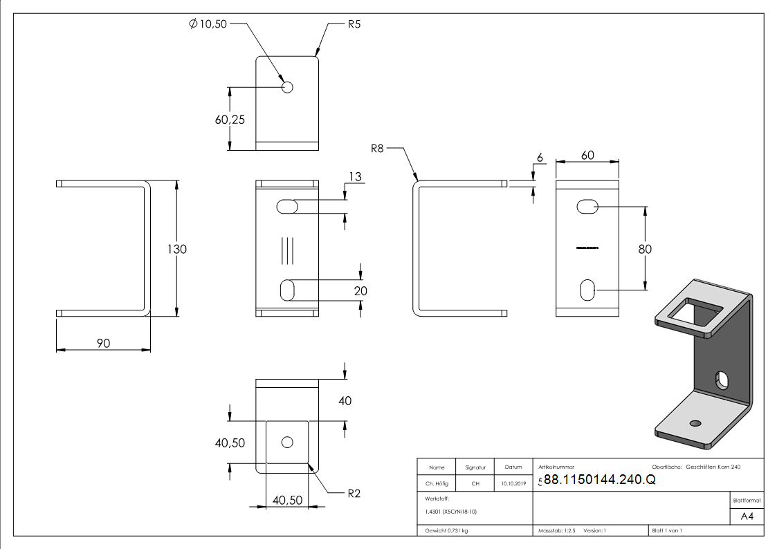 Wandbefestigung für Geländerpfosten 40 x 40mm