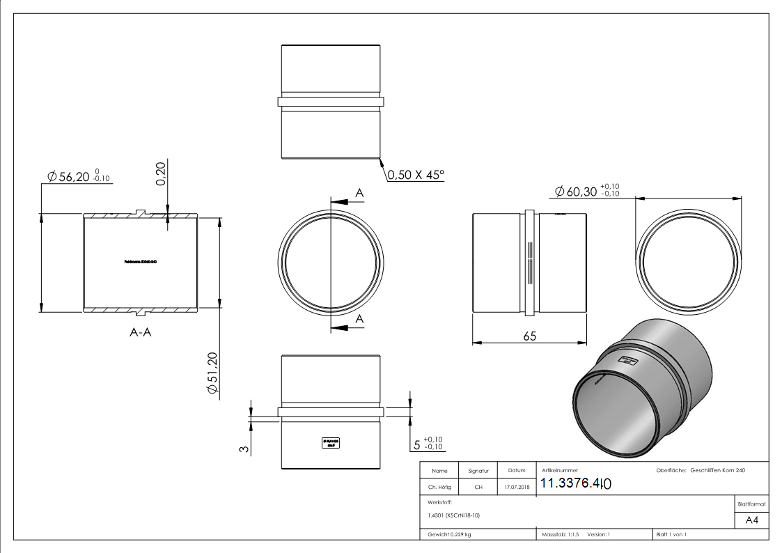 Verbinder fuer Rundrohr - Masse- Ø 60-3x2-0 mm - V2A-11-3376.4