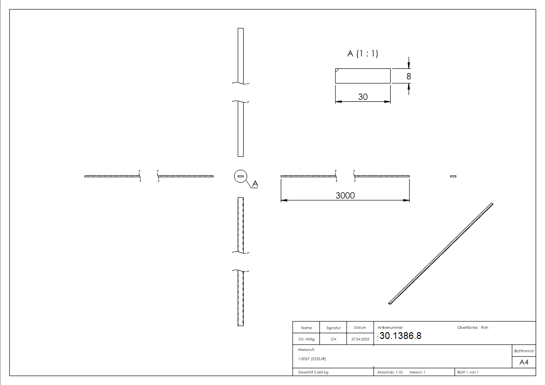Flacheisen | Länge: 3000 mm | Material 30x8 mm | Stahl (Roh) S235JR