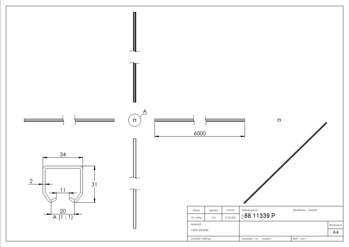 Haengetor-Laufschiene Stahl verzinkt L = 6000 mm Traglast 60 kg-88-11339.P