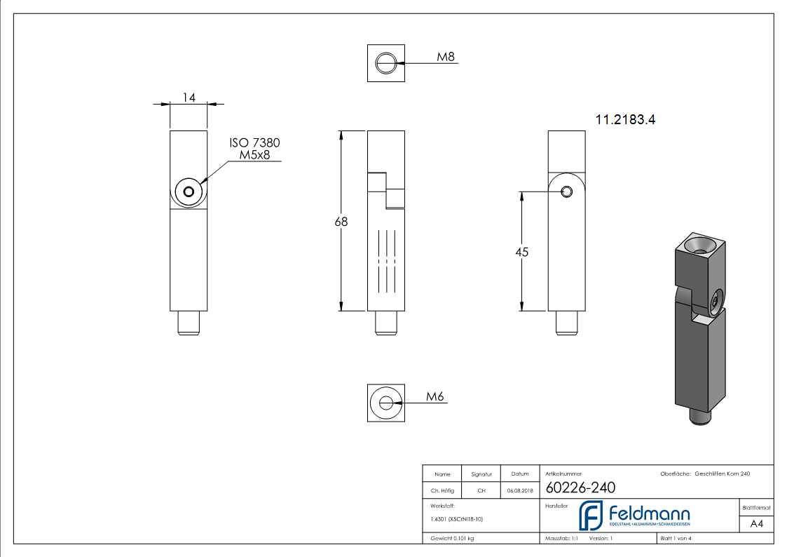 Gelenkstift | Maße: 68x14x14 mm | mit Außen- und Innengewinde | V2A