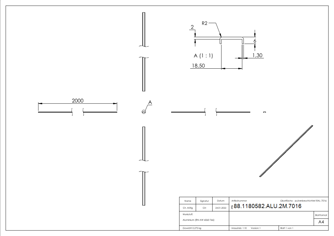 Kantenschutz EXTRA SLIM, für Glas 16,00 - 17,52mm, L=2m, Aluminium RAL 7016