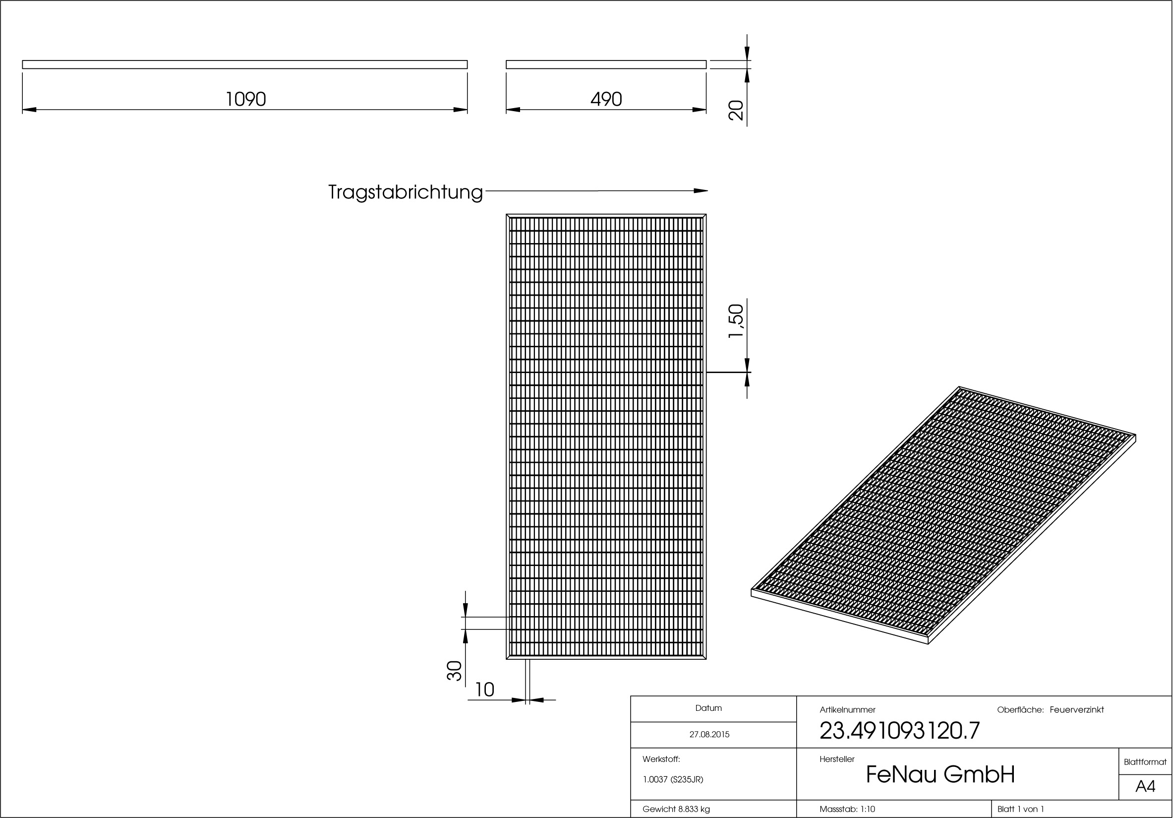 Lichtschachtrost Baunormrost | Maße:  490x1090x20 mm 30/10 mm | aus S235JR (St37-2), im Vollbad feuerverzinkt