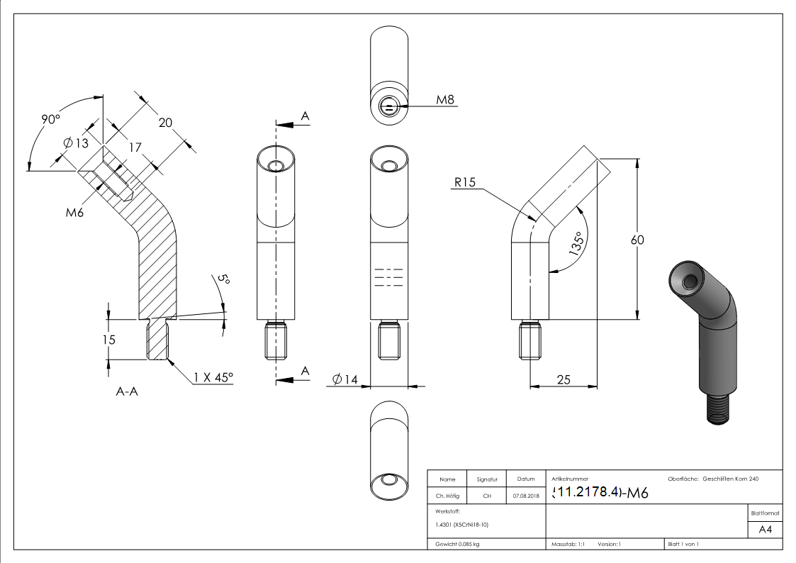 Stift Maße: 60x14 mm 135° gebogen mit Außen - und Innengewinde V2A