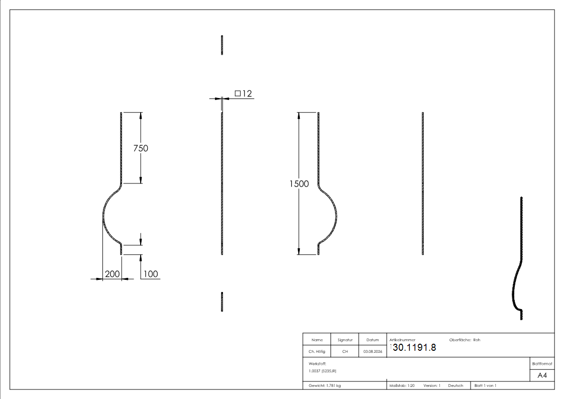 Bauchstab Laenge- 1500 mm Material- 12x12 mm Stahl S235JR- roh-30-1191.8