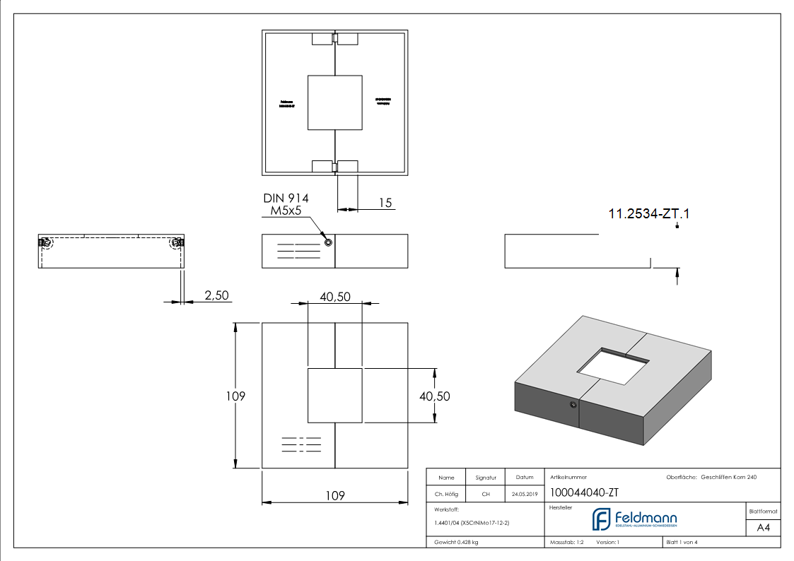 Abdeckrosette zweiteilig 109x109x25 mm für Vierkantrohr: 40x40 mm V4A