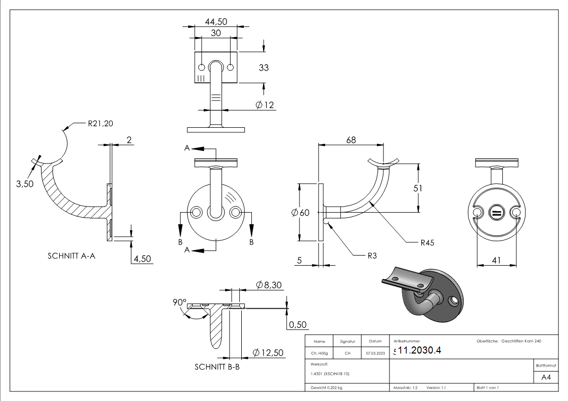 Handlaufhalter V2A fuer Rohr 42-4 mm- Ronde Ø 60 mm- Wandabstand 68 mm- verschweisst-11-2030.4