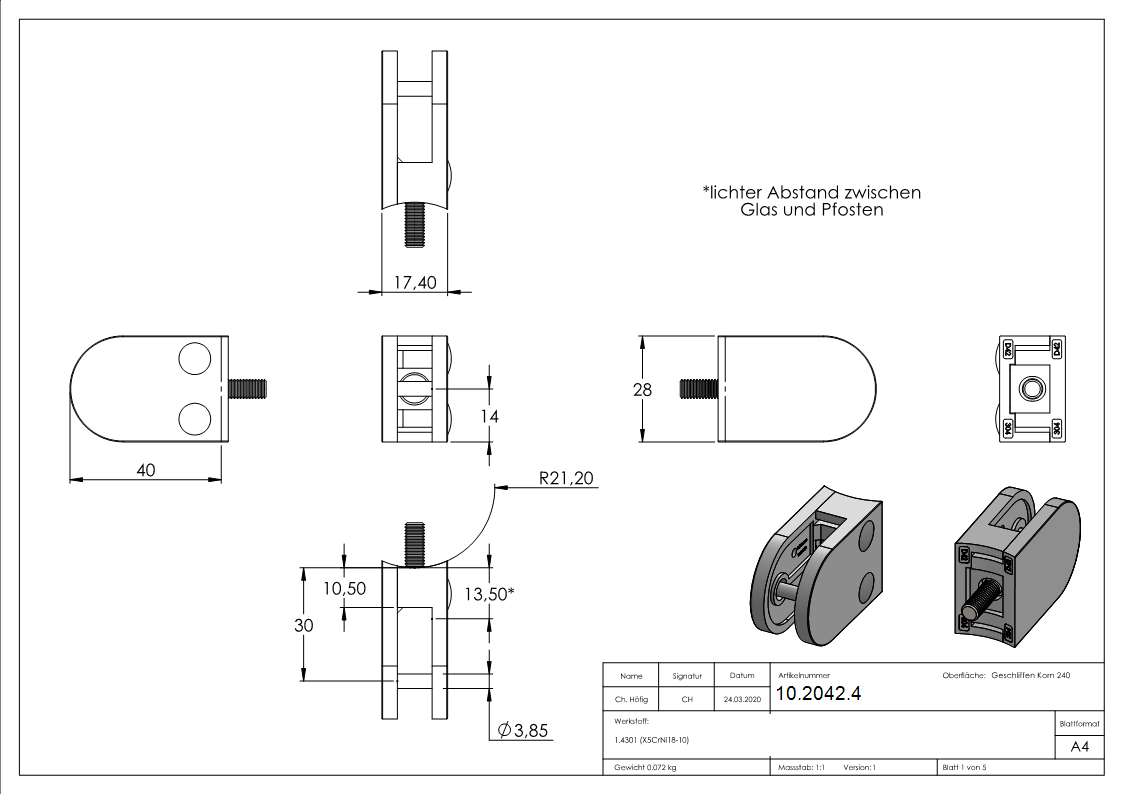 Glasklemme - Masse- 40x28x17-4 mm - Anschluss Ø 42-4 mm - V2A-10-2042.4