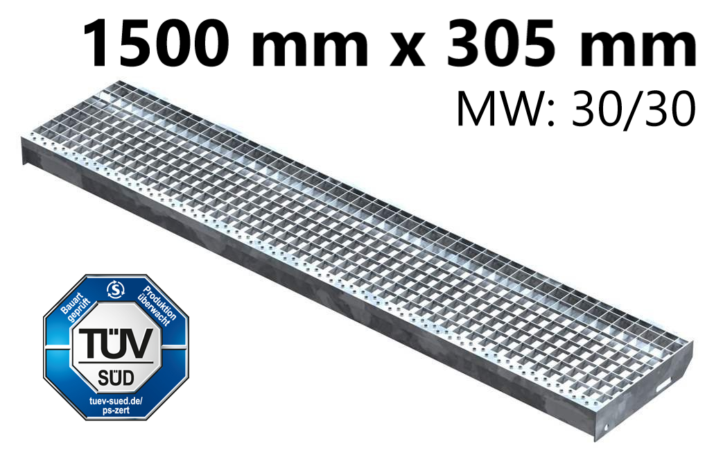 Gitterroststufe Treppenstufe Maße: 1500x305 mm 30/30 mm S235JR (St37-2), im Vollbad feuerverzinkt