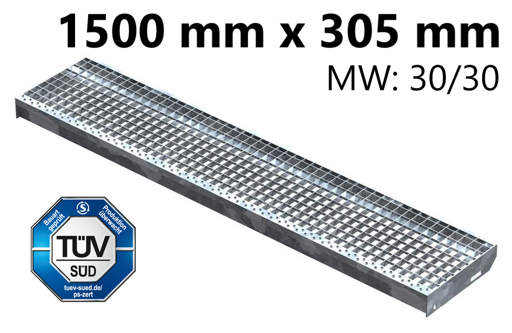 Gitterroststufe Treppenstufe | Maße: 1500x305 mm 30/30 mm | S235JR (St37-2), im Vollbad feuerverzinkt