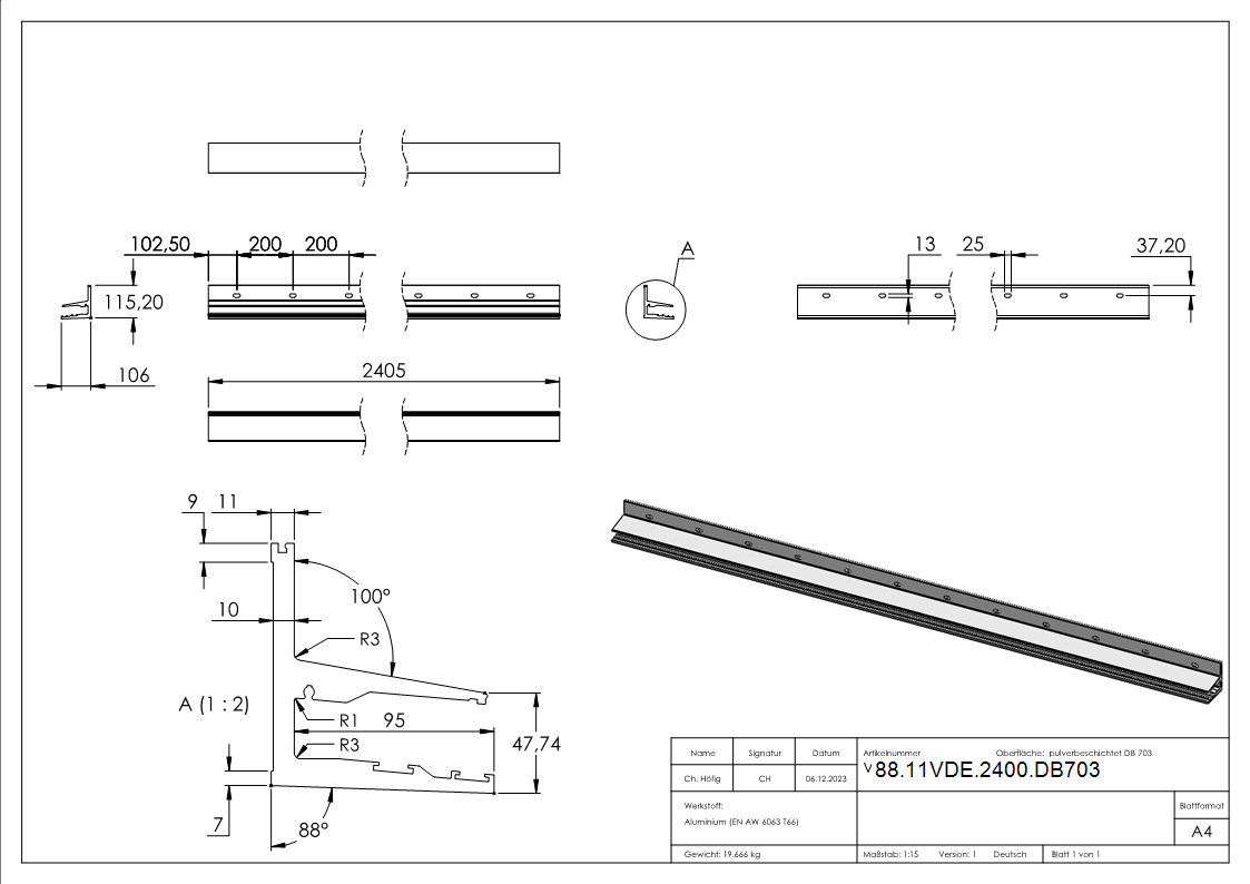 Vordachprofil eleganza canopy- L- 2405mm- DB703-88-11VDE-2400.DB703