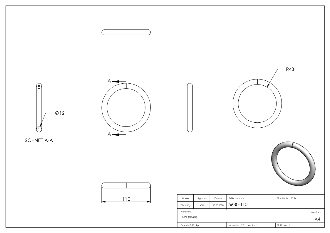 Ring | Material: 12 mm | Außen-Ø: 110 mm | Stahl S235JR, roh