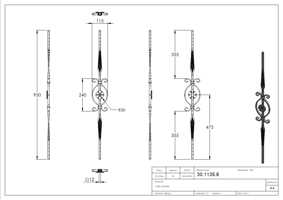 Zierstab | Länge: 900 mm | Material: 12x12 mm geschmiedet | Stahl S235JR, roh