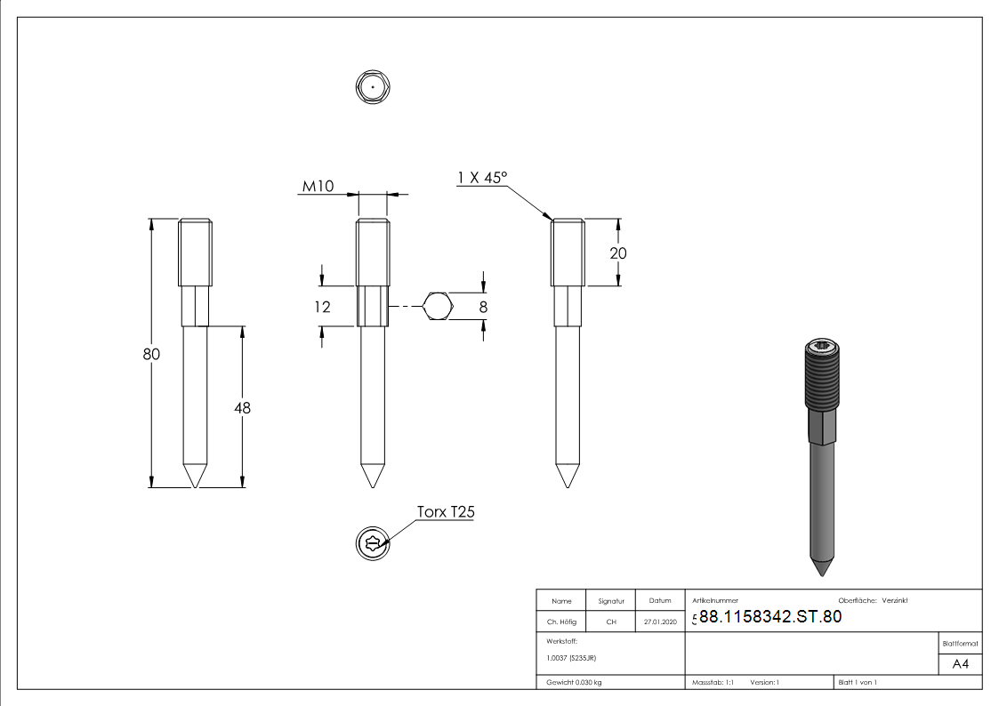 Stockschraube M10 x 80mm, Stahl verzinkt
