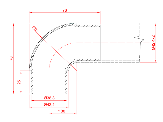 Rohrbogen 90° | zum Kleben | für Rundrohr: Ø 42,4x2 mm | V2A