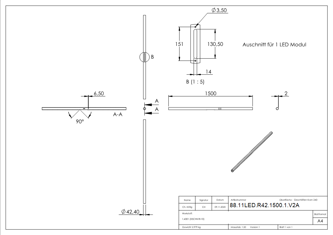 Tube en acier inoxydable 42,4 x 2,0 mm pour les modules LED