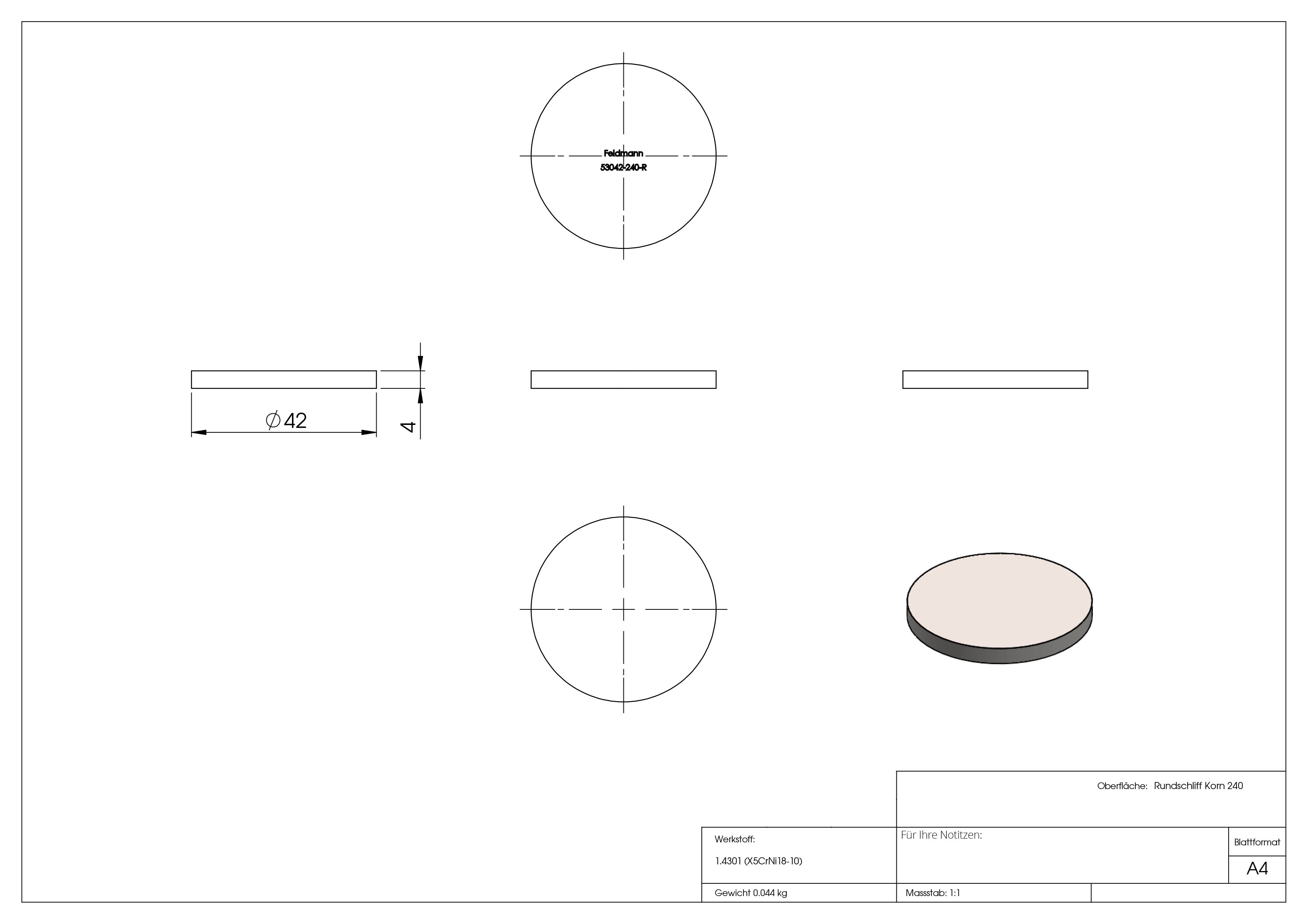 Ronde | Maße: Ø 42x4 mm | mit Rundschliff | V2A