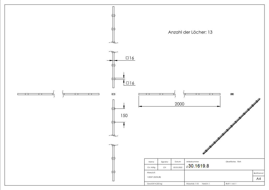 Lochleiste | für Quadratrohr | Material: 16x16 mm | Länge: 2000 mm | Stahl S235JR, roh