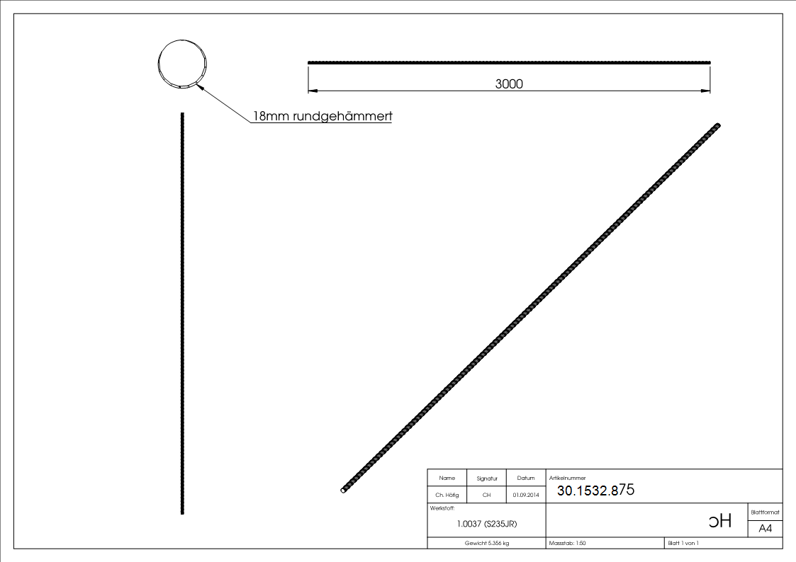 Rundeisen spindelfoermig geschmiedet Ø 18 mm Laenge- 3000 mm Stahl -Roh- S235JR-30-1532.8