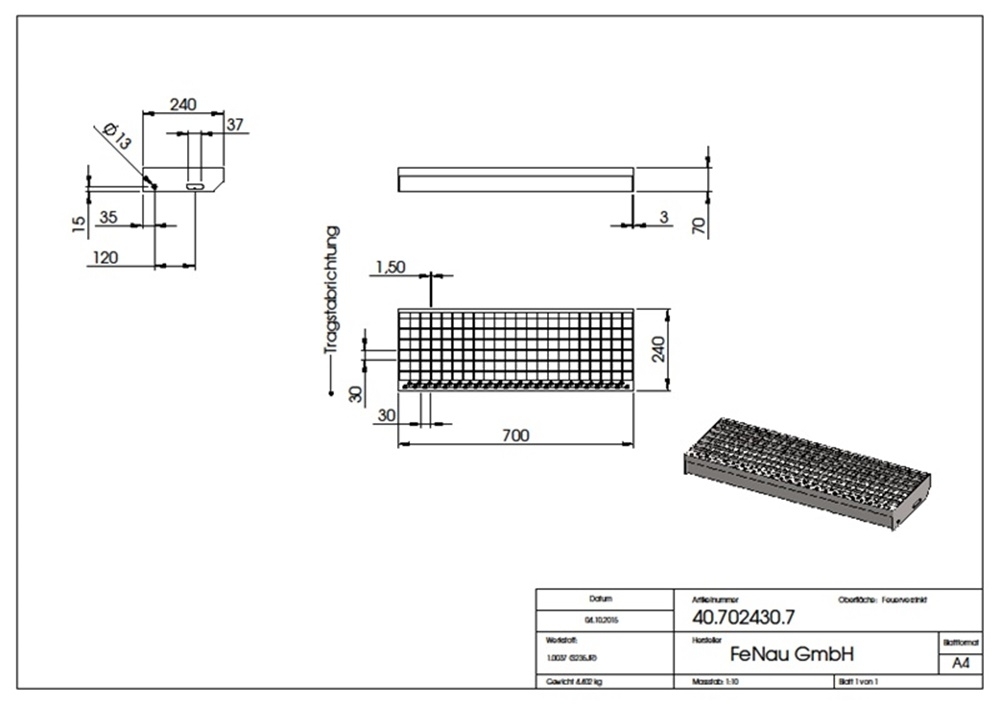 Gitterroststufe Treppenstufe | Maße: 700x240 mm 30/30 mm | S235JR (St37-2), im Vollbad feuerverzinkt