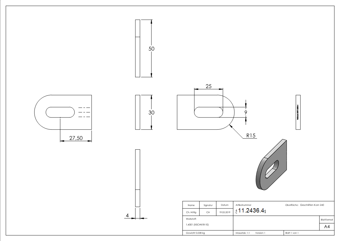 Anschweißlasche 50x30x4 mm mit Langloch: Ø 25x9 mm V2A