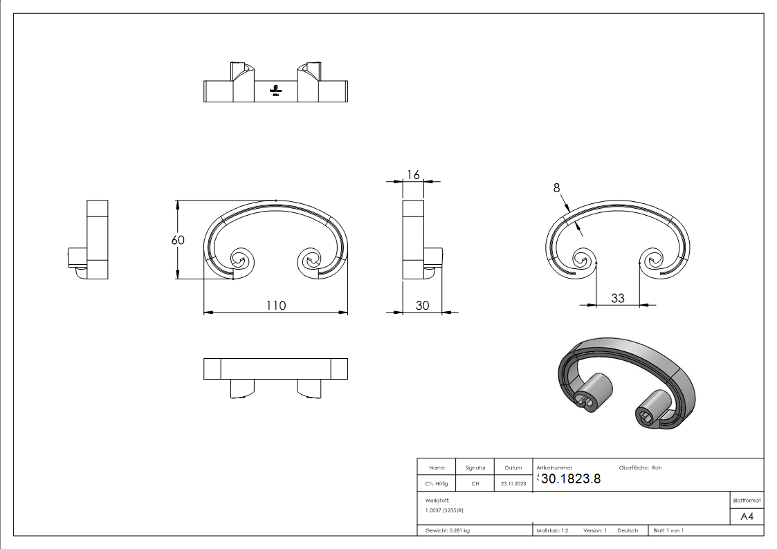 Schwerbarock | Maße: 110x60 mm | Material: 16x8 mm, gerillt | Stahl S235JR, roh