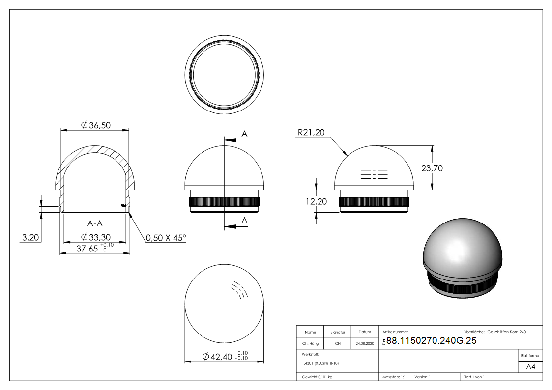 Endkappe Edelstahl V2A fuer Rohr Ø 42-4 mm- Wandstaerke 2-5 mm- halbrund zum Einschlagen-88-1150270-240G.25